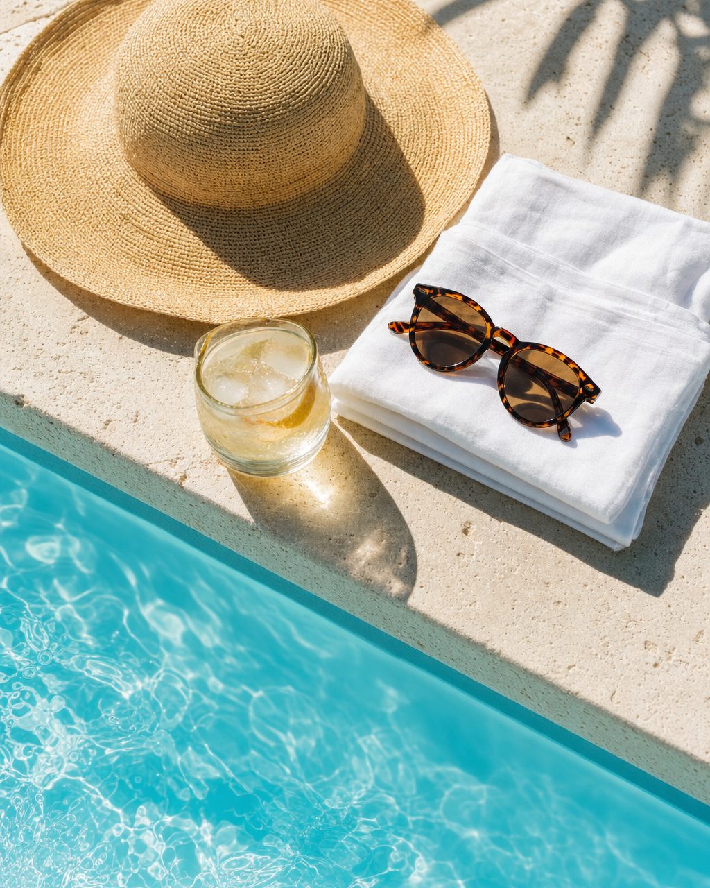 A sunlit poolside table seen from above: a straw sun hat, folded white linen and sunglasses on pale travertine beside turquoise water.