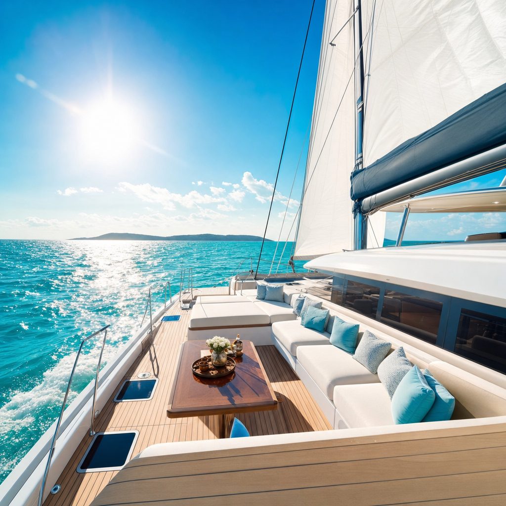 The sunlit teak deck of a luxury catamaran under sail on a bright turquoise sea.