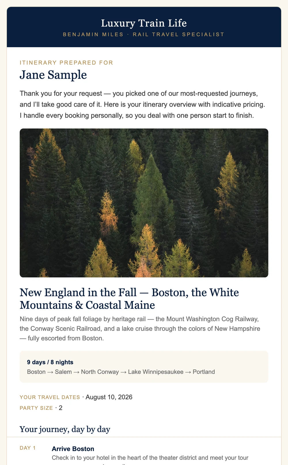 The branded itinerary email a lead receives, prepared for a sample client.