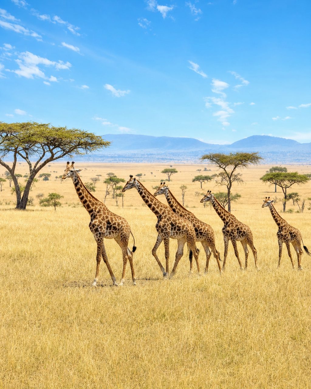Giraffe crossing sunlit golden savanna under a wide blue sky, with acacia trees and distant hills.