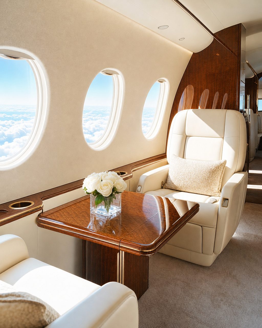 The cream leather interior of a private jet cabin flooded with daylight from its oval windows.